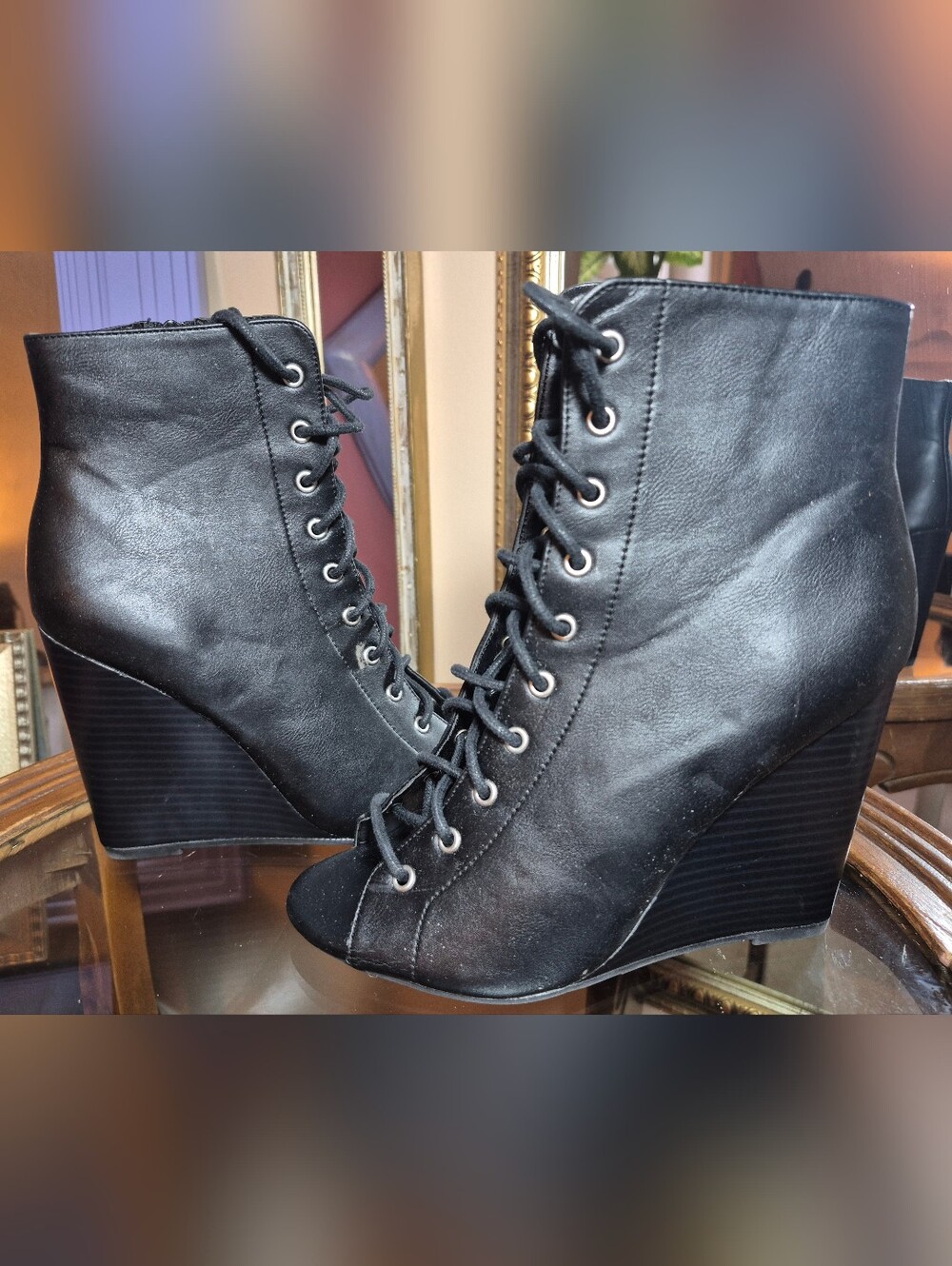 Forever 21 Faux Leather Black Lace Up Wedge Boots - Size 5.5